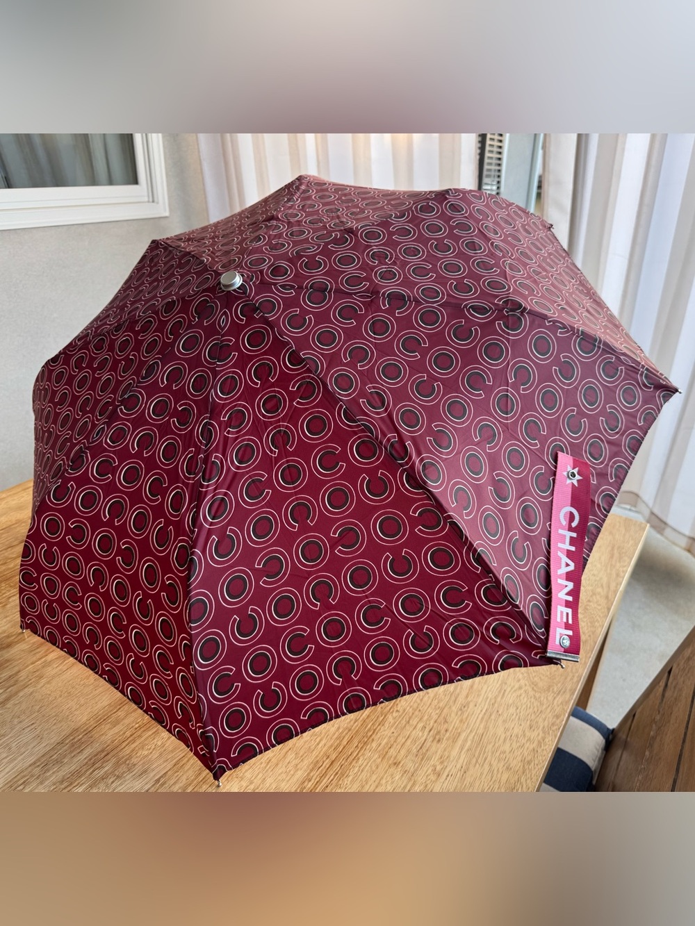 Chanel Coco Burgundy Patterned Compact Umbrella